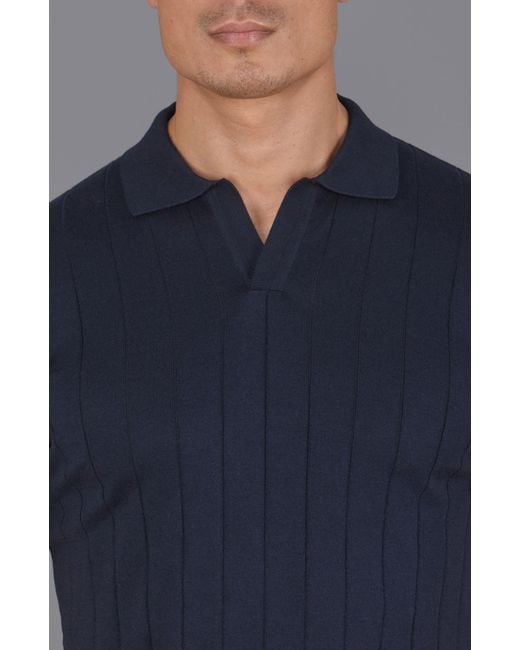 Paul James Knitwear Blue Ultra Fine Cotton Riley Selection Knit Buttonless Polo Shirt for men