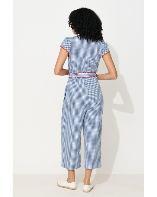 Louche Blue Marleen Gingham Ric Rac Trim Cropped Jumpsuit