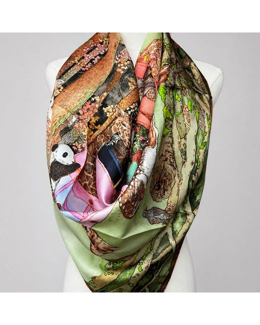 Wenzi Multicolor Neutrals The Forest Circus Hand Painted Mulberry Silk Square Scarf