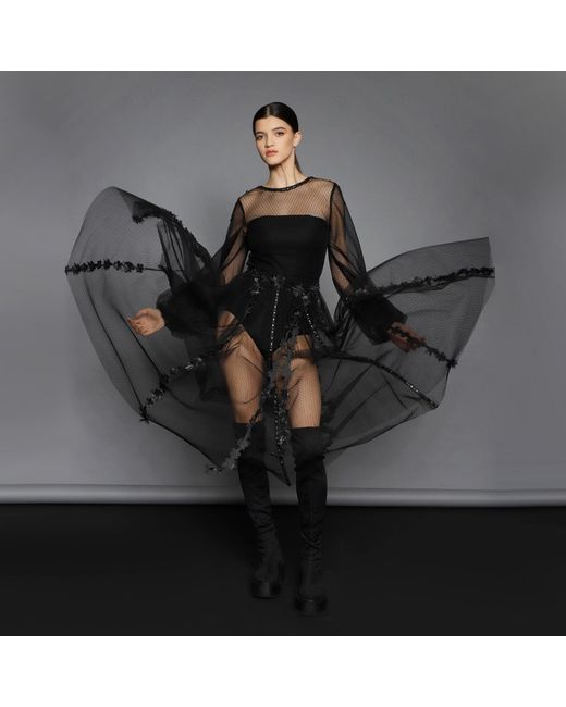 Silvia Serban Black Textured Tulle Fit-And-Flare Dress With Volumetric Appliqués