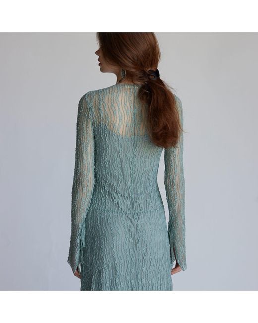Belsize25 Blue Trumpet Dress Flared Sleeve Sheer Lace Knit Dress
