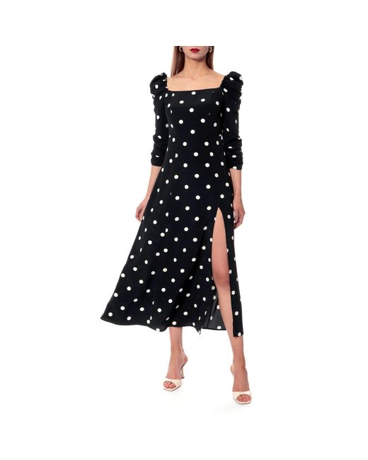AGGI by HALEWSKI Black Amelie Walking Dots Puffed Sleeves Midi Dress