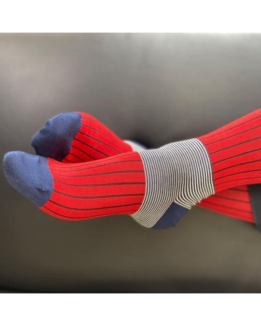 Peper Harow - Made in England Red Oxford Stripe Scarlet Luxury Crew & Trainer Socks Bundle for men