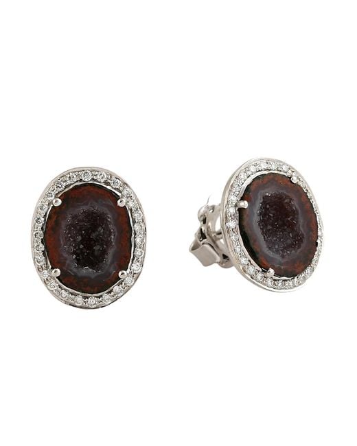 Artisan Black Geode & Diamond Oval Stud Earrings