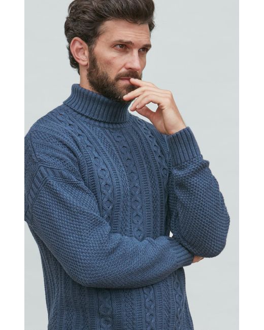 Paul James Knitwear Blue Midweight Cotton Aith Cable Roll Neck Gansey Jumper for men