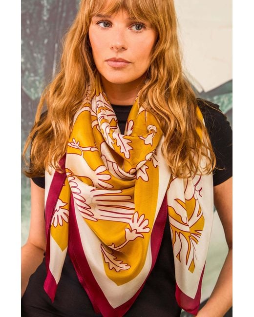 Artemis Muse Metallic Regal Doves & Lions Wine & Mustard Luxury Silk Scarf