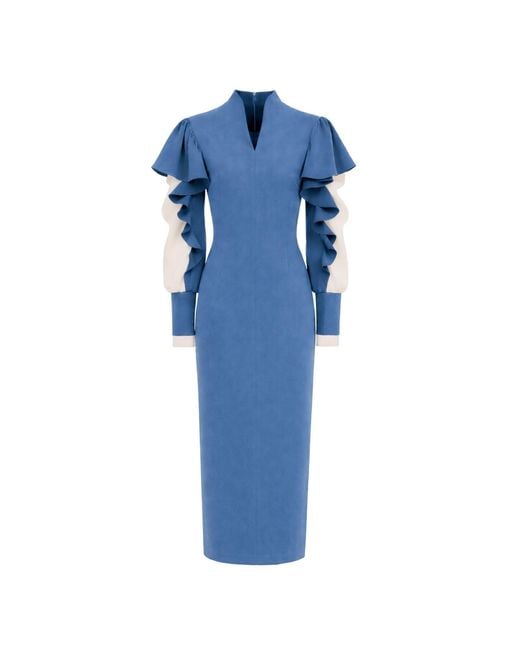 Julia Allert Blue Occasion Midi Dress With Ruffled Sleeves