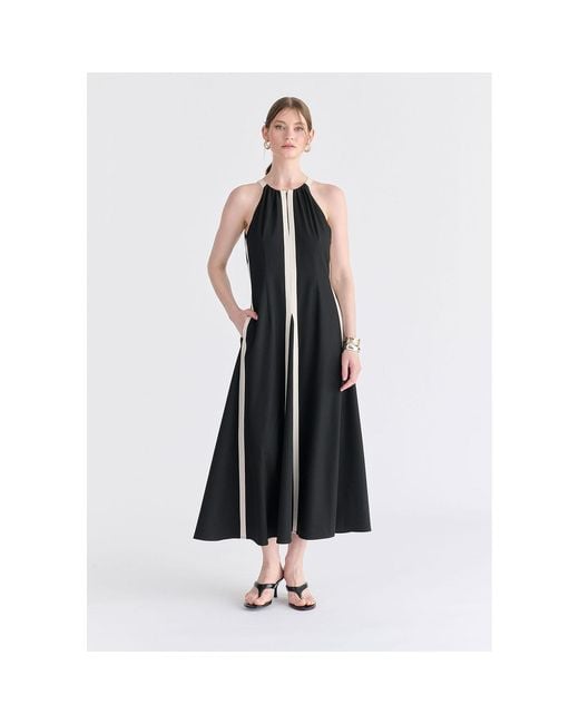 Paisie Black Contrast Details Halterneck Midi Dress