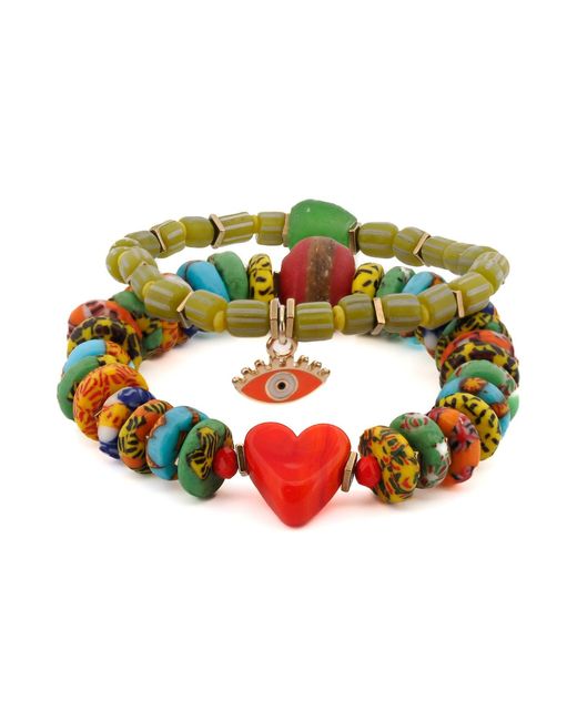 Ebru Jewelry Green Bohemian Style Heart & Evil Eye Happy Bracelet Set