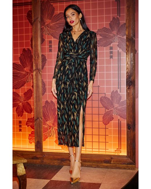 Yumi' Black Metallic Sparkle Mesh Wrap Midi Dress