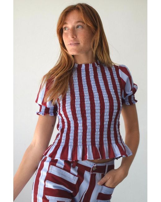 Mind Traveler Red Chia Burgundy And Light Short Sleeved Striped Blouse