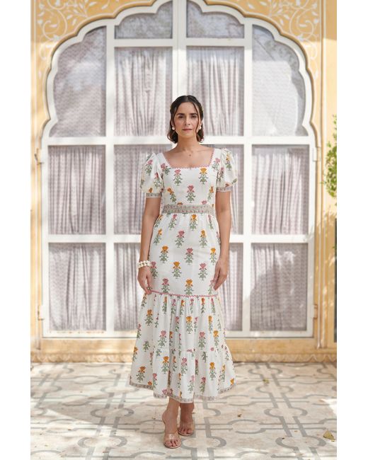 Echo of Pink White Juliet Hand Block Print Maxi Dress
