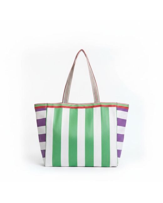 La Mandarine Green Beach Bag, Colourful Striped, Weekender, Tote, Shopper Medium Size, Made From Recycled Nylon