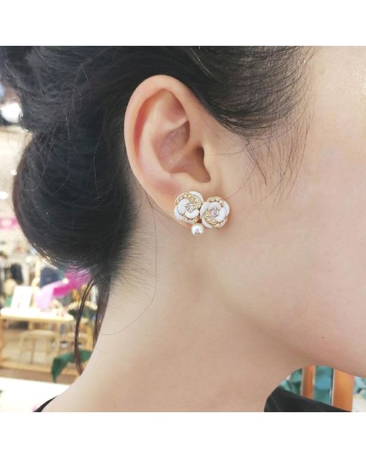 Grosse Metallic Pearl & Crystal Flower Earrings, Series Blanc Camelia