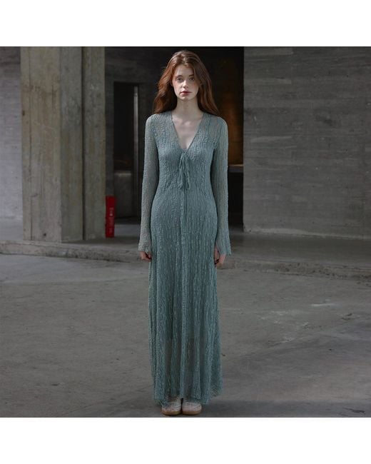 Belsize25 Blue Trumpet Dress Flared Sleeve Sheer Lace Knit Dress