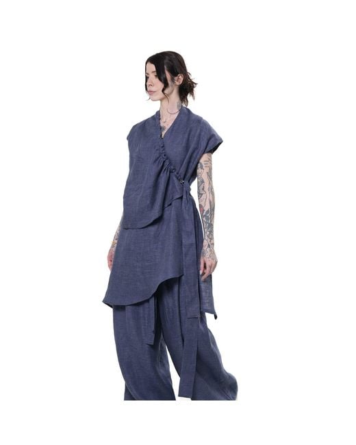 Metamorph Blue Linen Denim Tunic With Draped Collar