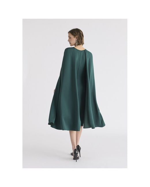 Paisie Green Cape Sleeves Dress With Waist Details