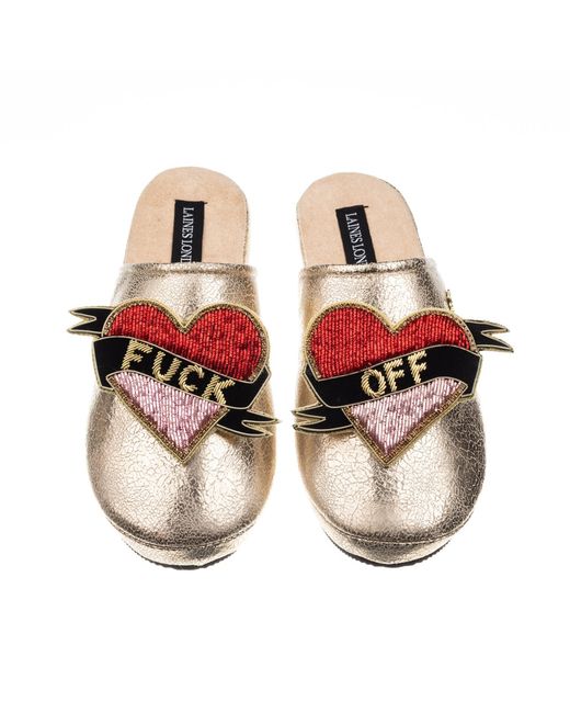 Laines London Red Softie Slippers With Fuck Off Brooches