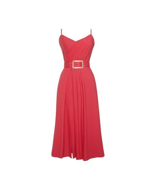 ALINA CERNĂTESCU Red Simba Linen Draped Cocktail Midi Dress With Front Slit And Pockets