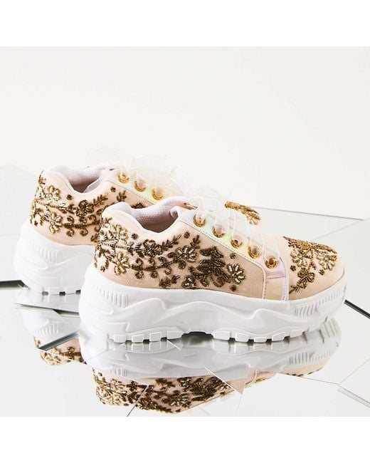 Rettrose Natural Neutrals Diana Luxury Buttermilk Satin Handmade Embellished Trainer