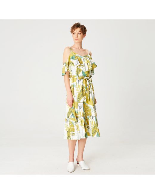 Smart and Joy Yellow Tropical Printed Trapeze Dress With Ruffles And Thin Straps