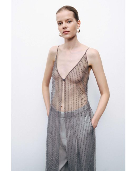 Nocturne Gray Anthracite Bead Embroidered Maxi Vest