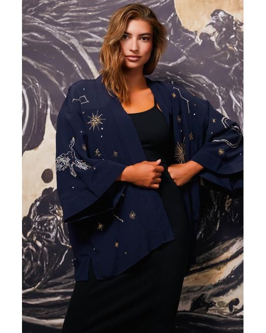 Artemis Muse Blue Cosmos Embroidered, Ivory & Fully Lined Short Kimono