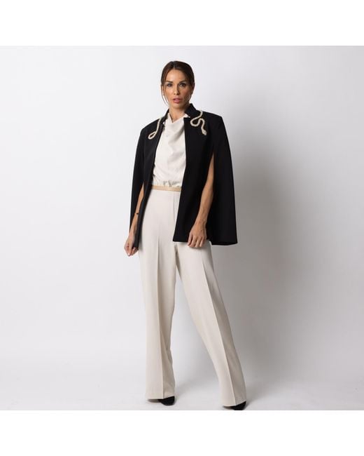 House of Laines London Black Laines Couture Tailored Cape With Embellished Crystal & Pearl Wrap Around Snake