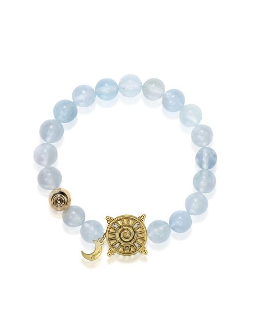 Aurozia Blue Three Charms Solar Meridian Whitegold Plated Sundial And The Sun Coin Aquamarine Beaded Bracelet