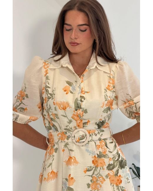 Girl In Mind Natural Renata Floral Boarder Print Print Midi Dress Cream
