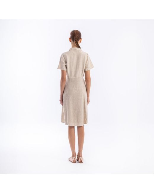 Haris Cotton Natural Neutrals Midi Linen Short Sleeve Button Front Shirt-Dress