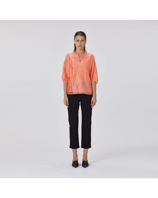 Smart and Joy Orange Embroidered Tencel-Blend Blouse