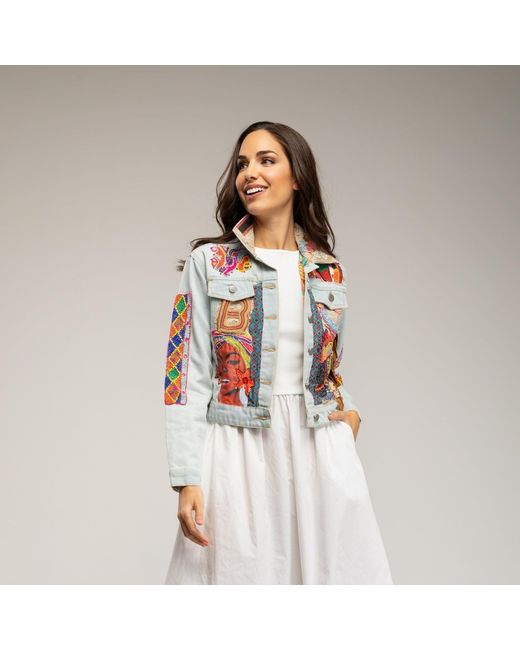 Tantra Spain Sl Blue Denim Jacket With Embroidered African Design And Sequins