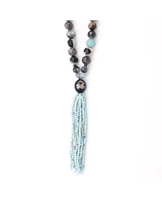 Shar Oke Metallic Neutrals Natural Amazonite & Larimar Tassel Beaded Necklace