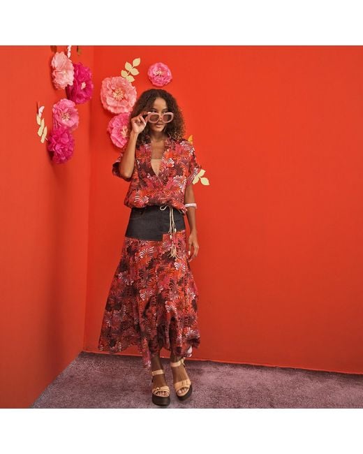 Lalipop Design Red All-Over Floral Print Skirt With Asymmetric Denim Cut