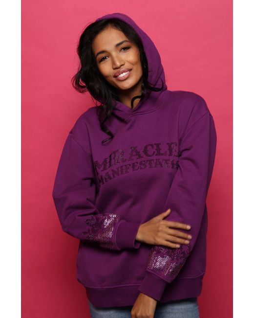 Miracles Manifester Purple Positive Affirmation Hoodie With Rhinestone Design