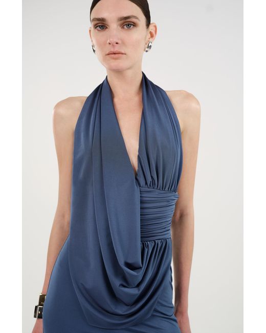 Nocturne Blue Draped Halter Neck Maxi Dress