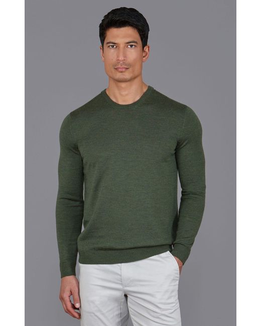 Paul James Knitwear Green Extra Fine Merino Wool Callington Crew Neck Jumper for men