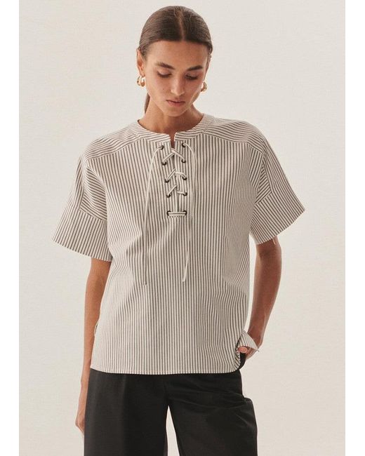 Exquise Gray Relaxed Striped Eyelet Lace-Up Blouse