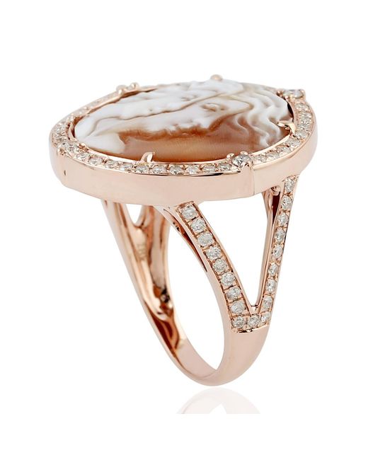 Artisan Pink Handmade Rose Gold Shell Cameo Pave Diamond Cocktail Ring Designer Jewelry