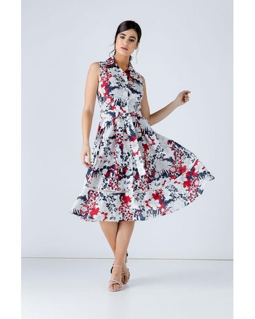 Conquista White Floral Print Dress With Belt