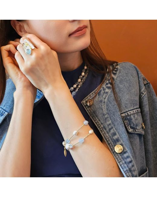 Farra Blue Irregular Aquamarine With Baroque Pearls Double Layers Bracelet