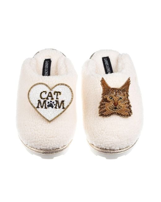 Laines London Metallic Neutrals Teddy Closed Toe Slippers With Cat Mum/Mom & Maine Coon Cat Brooches