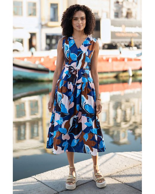 Yumi' Blue Cotton Floral Abstract Dropped Waist Midi Dress
