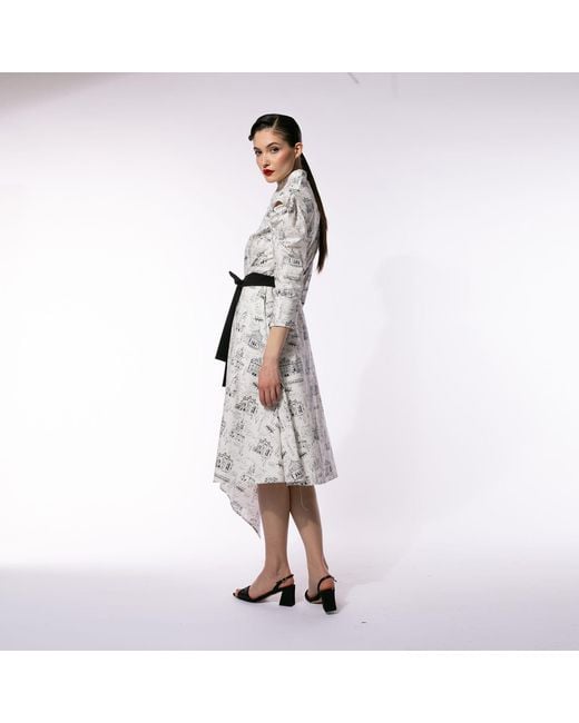 Larisa Dragna Gray Kimono-Collar Dress Featuring Romania's Iconic Buildings