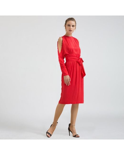 Smart and Joy Red Long-Sleeved Fitted Dress With Off-Shoulders