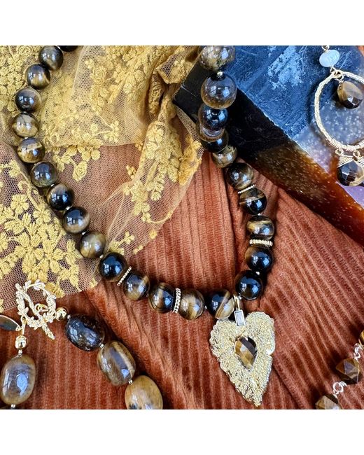 Farra Black Tiger Eye Stone With Leaf Pendant Chunky Necklace