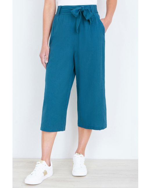 Yumi' Blue Linen Mix Cropped Trousers With Tie Belt
