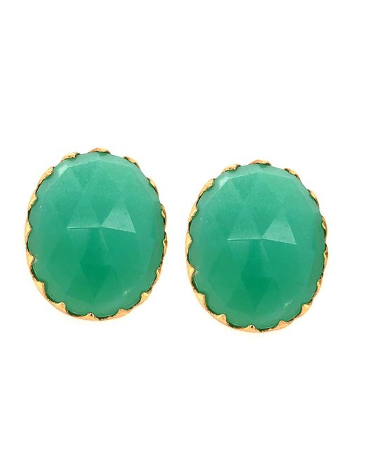Artisan Green 18k Yellow Gold With Oval Cut Chrysoprase Gemstone Stud Earrings