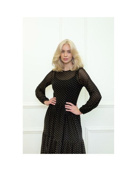 Amoresea Black Magnetic Midi Cocktail Dress With Chic Polka Dot Mesh